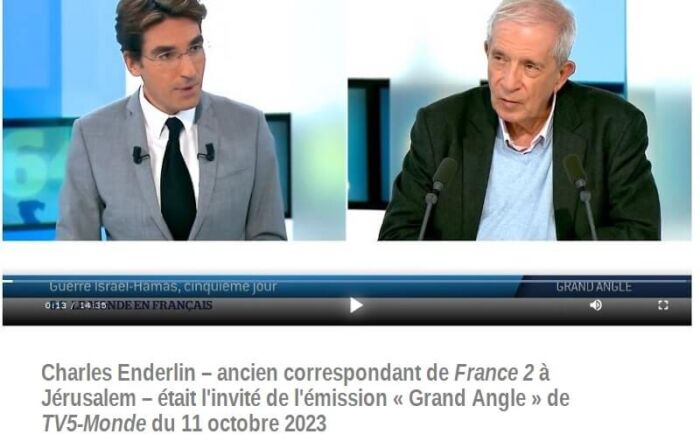 Capture d'écran de l'émission Grand Angle de TV5-MONDE le 11 octobre 2023 avec Charles Enderlin.