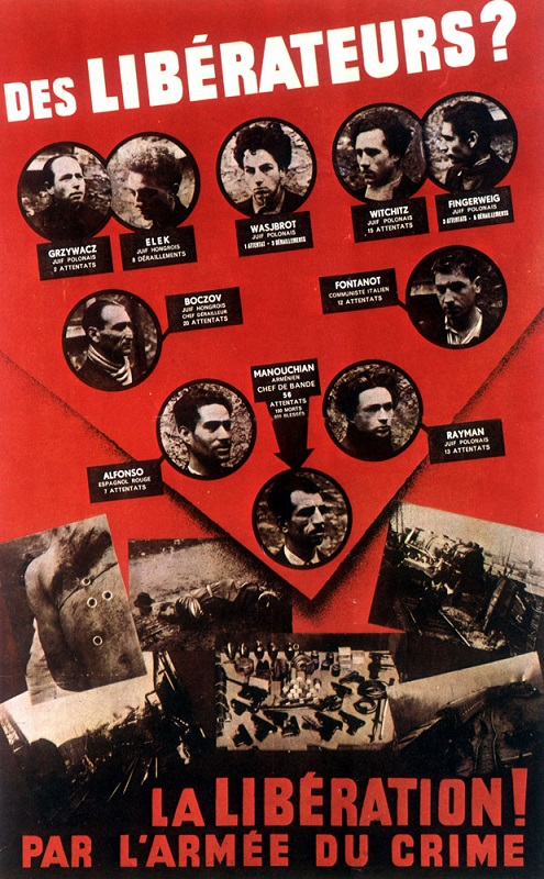L'Affiche rouge du Comité d’action antibolchévique. Elle porte les noms de membres du groupe de résistant·es (réseau Manouchian) condamné·es à mort en 1944