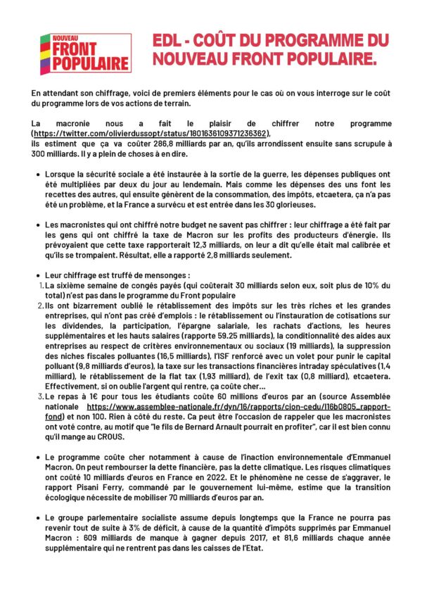 Argumentaire Coût du Programme du NFP