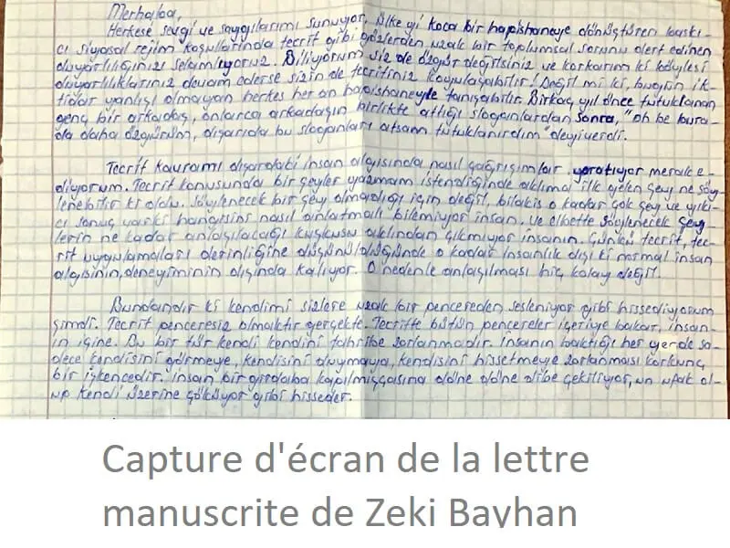 Lettre manuscrite de Zeki Bayhan