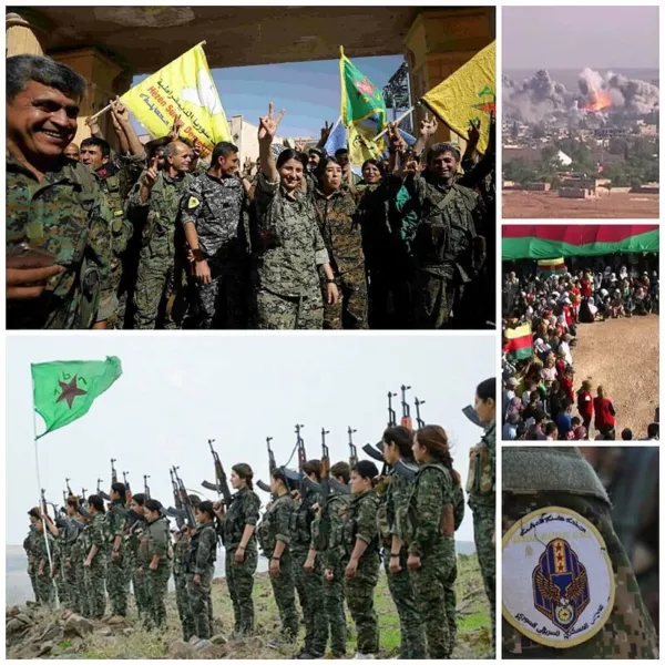 Rojava Collage En haut à gauche : Victoire des FDS dans la bataille de Raqqa (2017) En haut à droite : Frappe aérienne de la coalition sur une position des SIL à Kobanî. Au milieu à droite : Des partisans du PYD lors d'un enterrement. En bas à gauche : Combattants kurdes du YPJ En bas à droite : Écusson du Conseil militaire syriaque © Heviyane