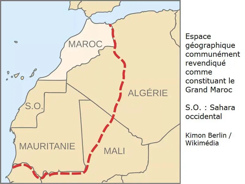 Espace géographique communément revendiqué comme constituant le Grand Maroc © Kimon Berlin - Wikimédia