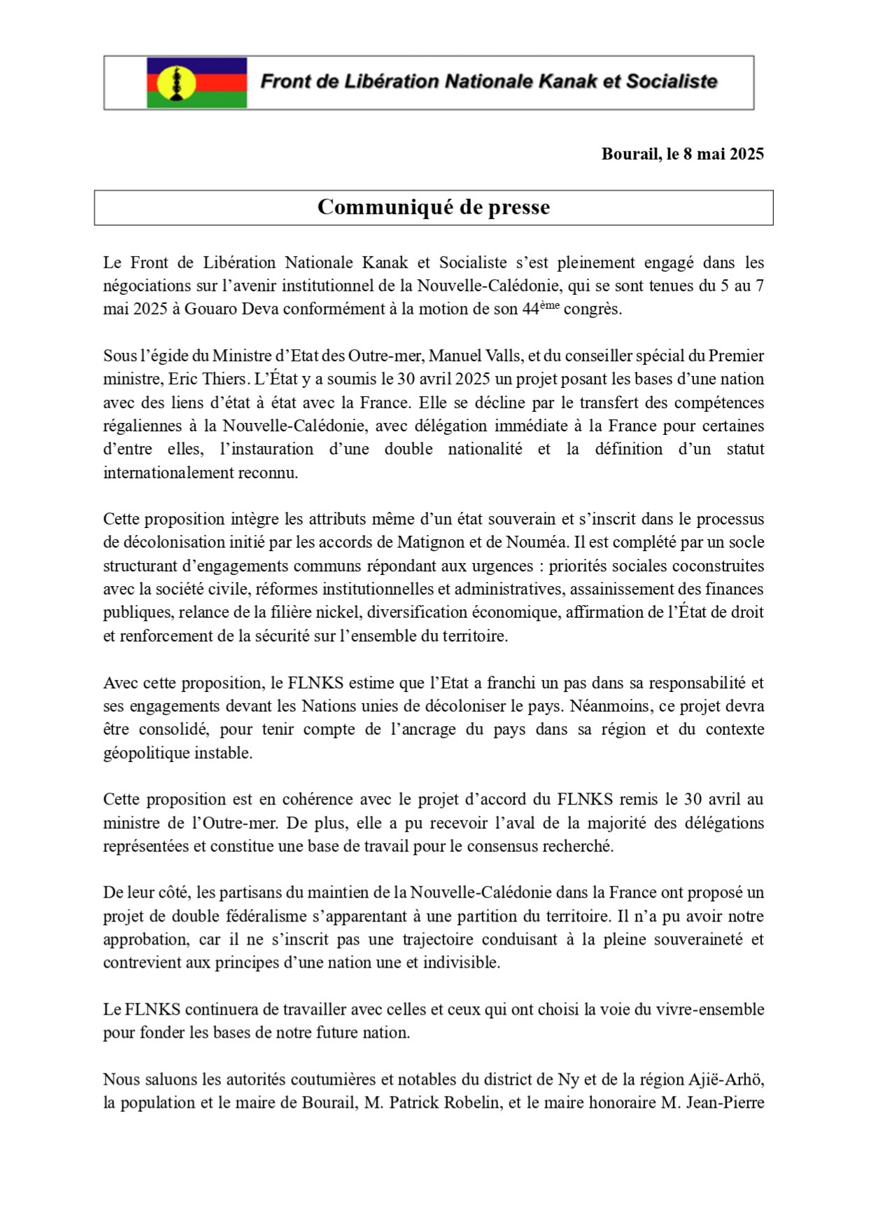 Communiqué FLNKS 8 mai 2025 page 1