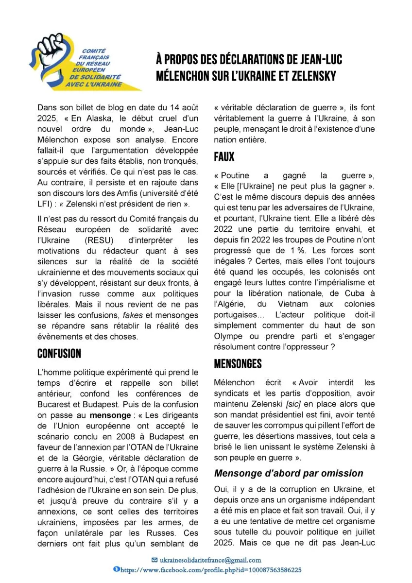À propos des déclarations de JLM sur l'Ukraine Réaction du RESU 28 08 2025 Page 1