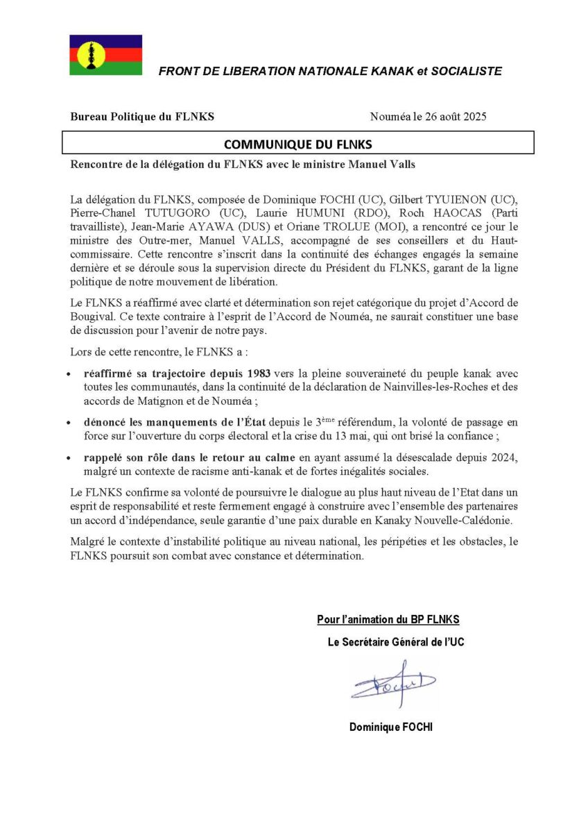 Communiqué du BP FLNKS 2025-08-26