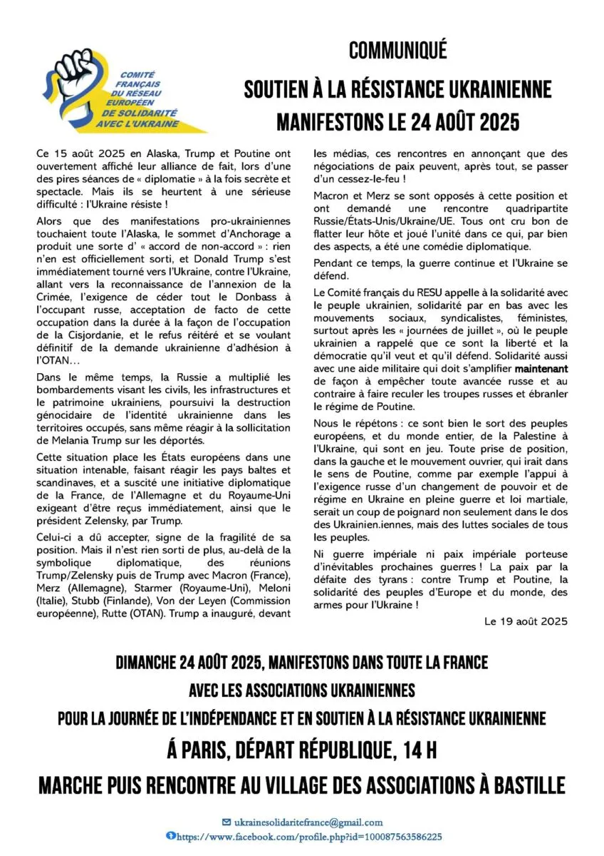 Communiqué du RESU appelant à manifester le 24-08-2025