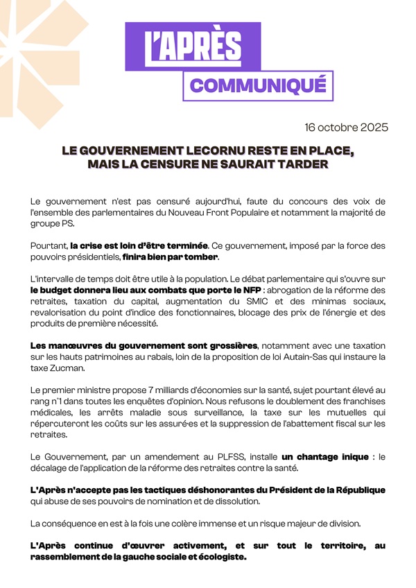 Communiqué 16-10-2025 La censure ne saurait tarder