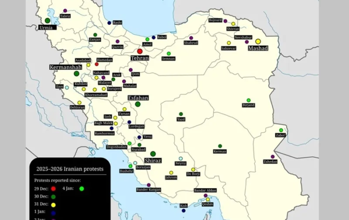 Villes iraniennes où des manifestations ont été signalées janvier 2026 © Uwe Dedering