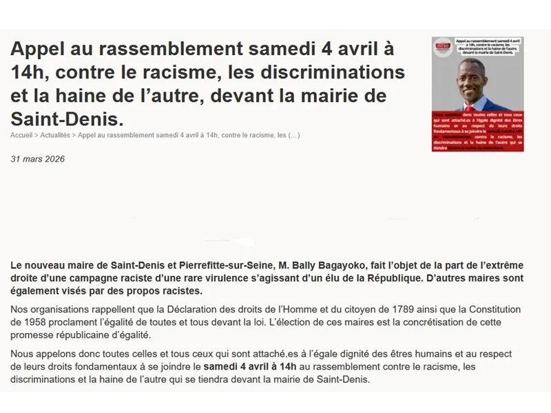 Appel à un rassemblement contre le racisme à St Denis le 4 avril 2026